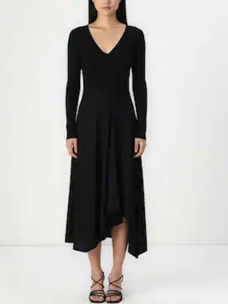 Dkny Black Glitter V-Neck Long Sleeve Rib Asymmetrical Hem Dress Knit Sz. M Nwt